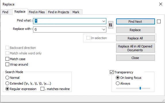 Notepad++ Replace dialog: Find what ^, Replace with G, Regular expression selected