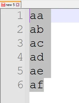 Notepad++ with the lines aa to af