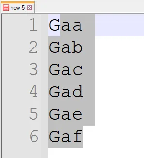 Notepad++ with the lines Gaa to Gaf