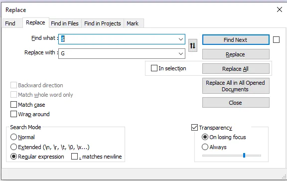 Notepad++ Replace dialog: Find what $, Replace with G, Regular expression selected