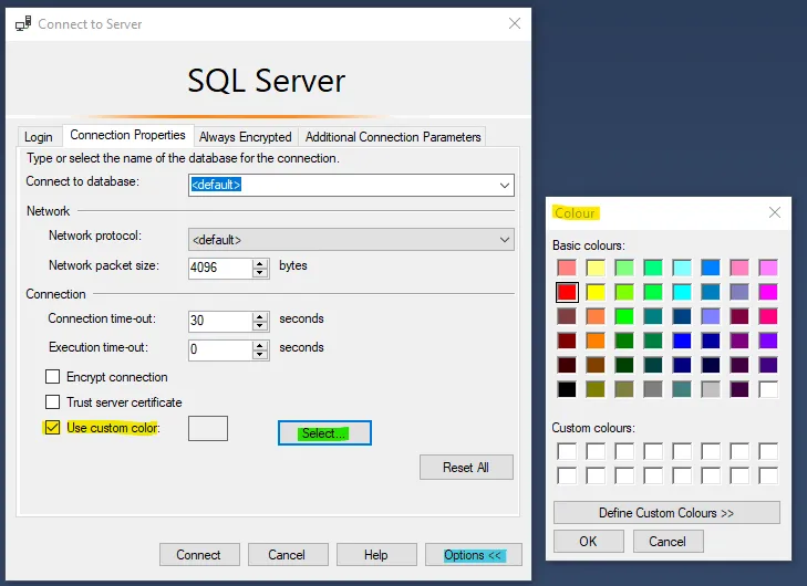 Connection Properties tab with “Use custom color” ticked and the colour picker open, red selected