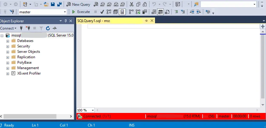 SSMS query window connected to the server, with a red status bar along the bottom
