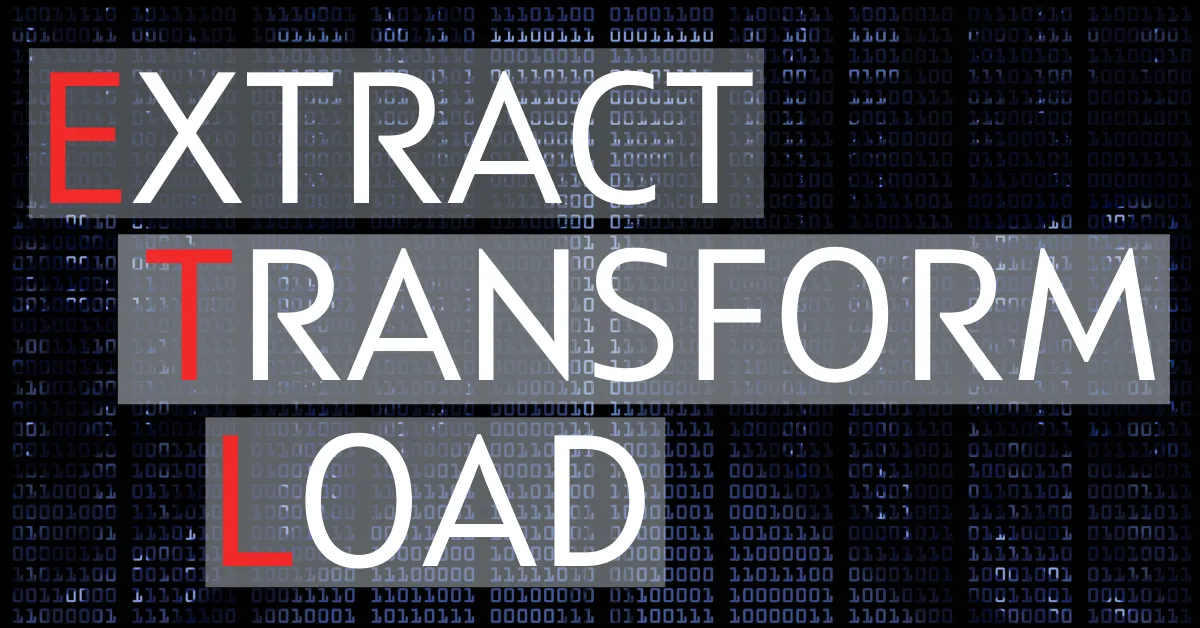 The words Extract, Transform, Load over a background of binary digits
