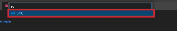 Snippet language picker filtered to “sq”, with “sql (SQL)” highlighted
