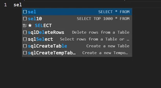 Typing “sel” in the editor shows the sel and sel10 snippets at the top of the suggestion list