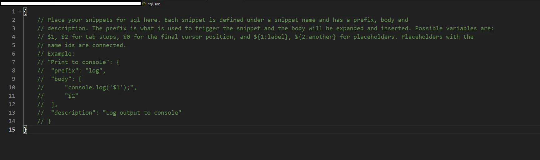 The empty sql.json snippets file, with commented example snippet