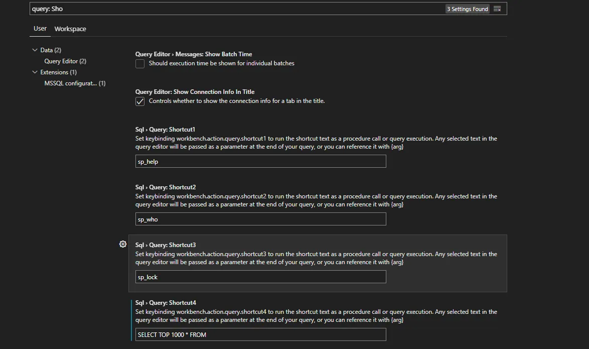 Settings filtered by “query: Sho”, with Query: Shortcut 4 set to SELECT TOP 1000 * FROM
