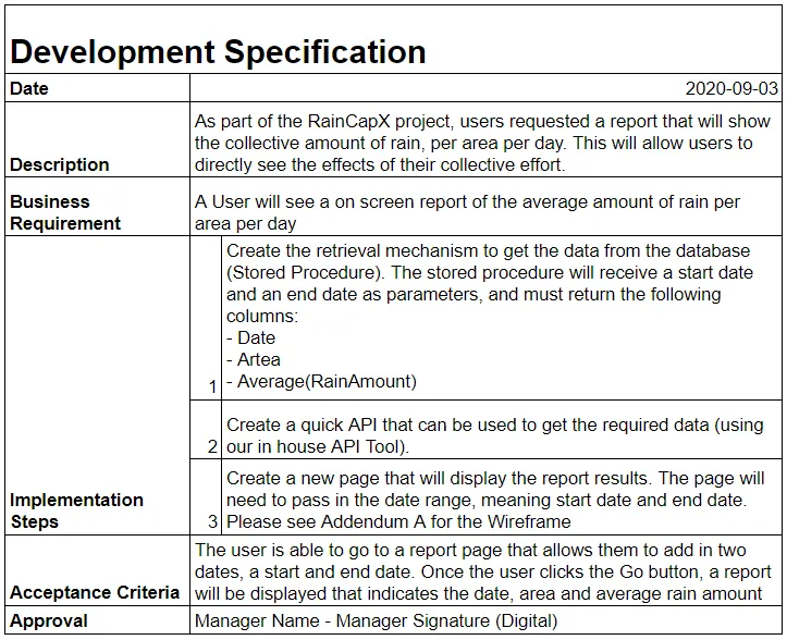 Example DevSpec for the RainCapX rain report: the business requirement is an on-screen report of average rain per area per day; the steps are a stored procedure taking start and end dates, an API using the in-house API tool, and a report page (see Addendum A); acceptance is that choosing two dates and clicking Go shows date, area and average rain; approved by the manager