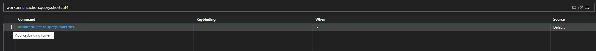 Keyboard Shortcuts filtered to workbench.action.query.shortcut4, with the plus sign to add a keybinding