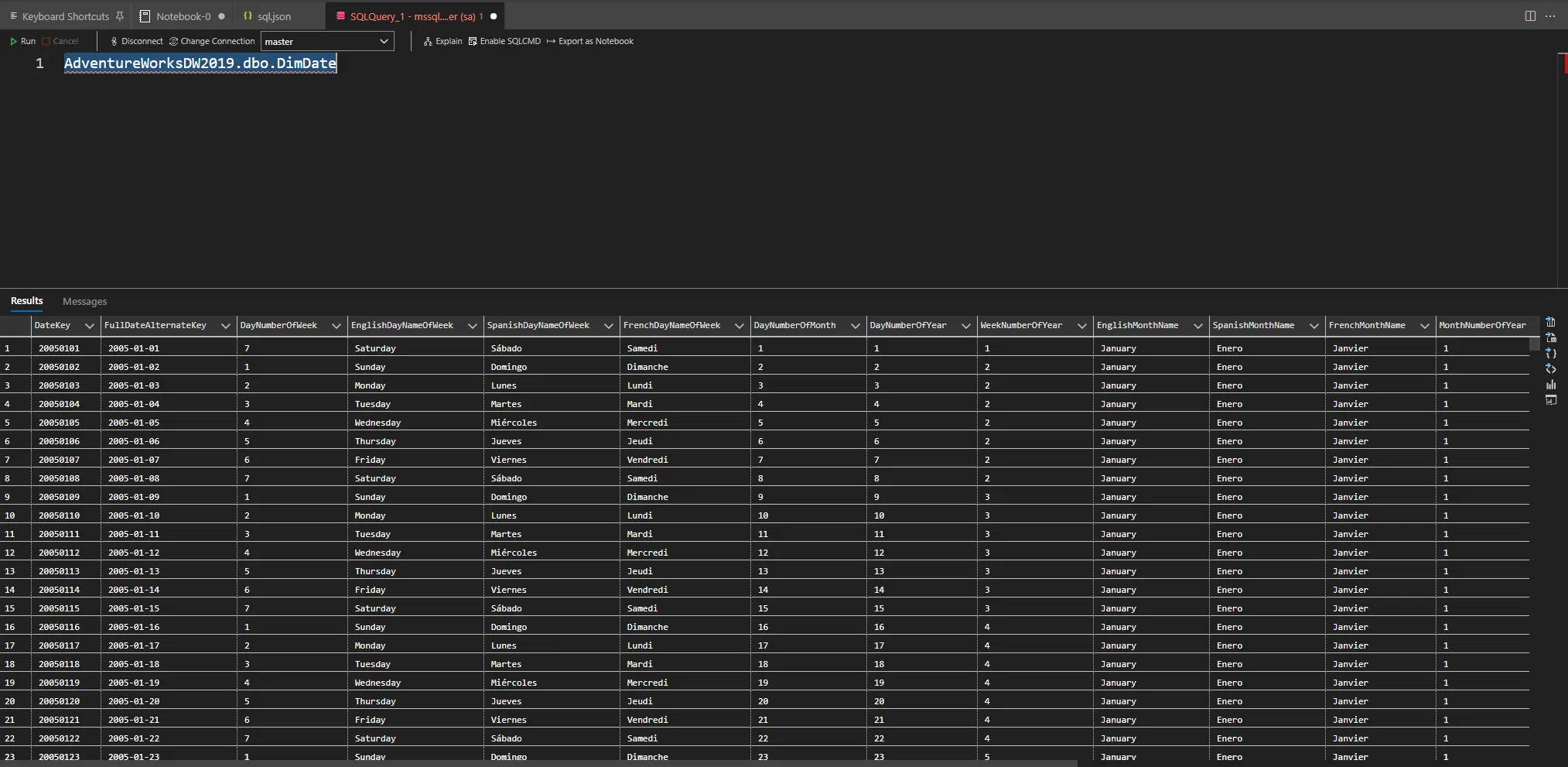 AdventureWorksDW2019.dbo.DimDate highlighted in a new query window, with the top 1000 rows of DimDate in the results