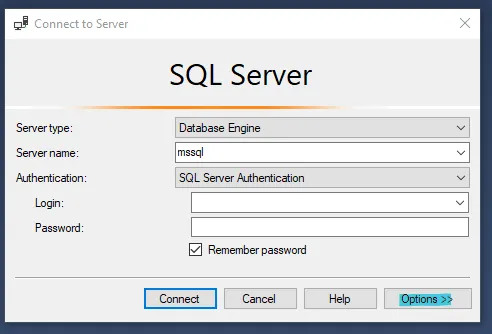 SSMS Connect to Server dialog with the Options button highlighted