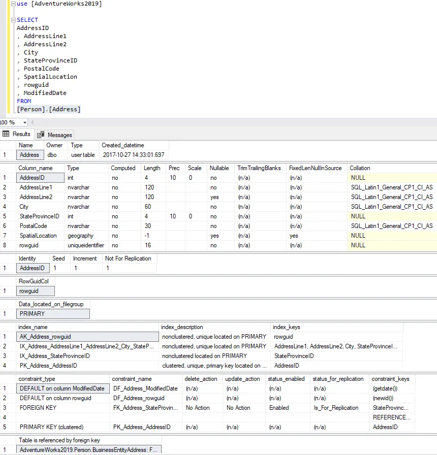 Shift+F1 on Person.Address shows the table’s columns, identity, indexes and constraints in the results pane