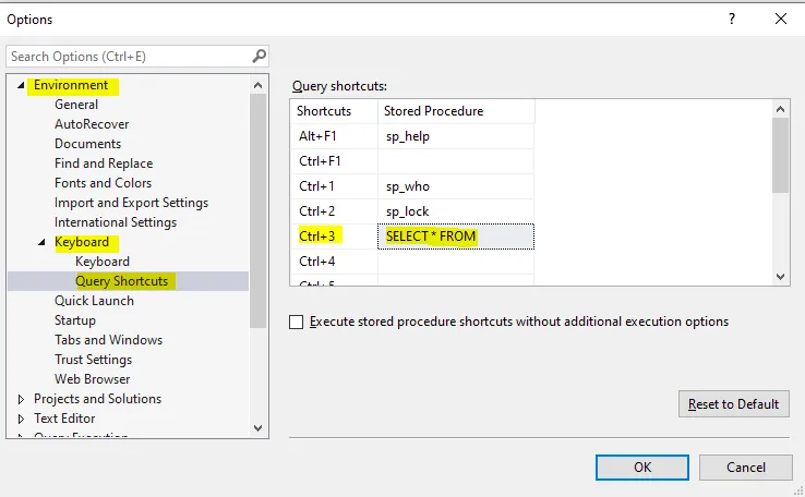 Tools > Options > Environment > Keyboard > Query Shortcuts, with Ctrl+3 bound to SELECT * FROM