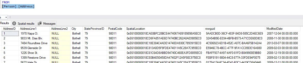 Highlighting [Person].[Address] and pressing Ctrl+3 returns the rows of the table