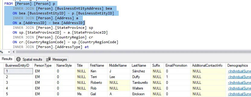 Highlighting the first joins of a query and pressing the shortcut returns the joined rows