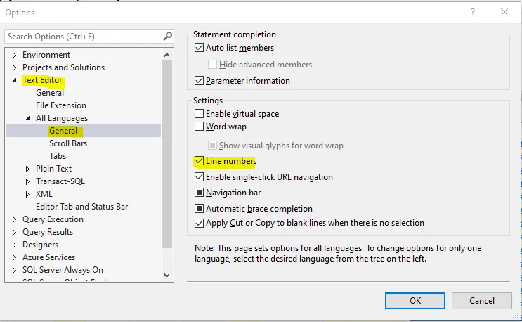 Tools > Options > Text Editor > All Languages > General, with the Line numbers box ticked