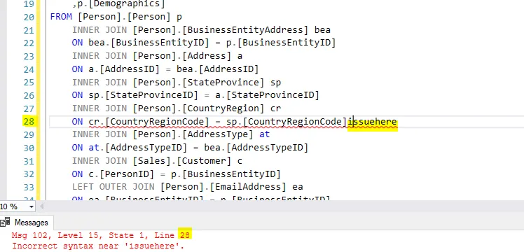 Query editor with line numbers shown; the error message points to line 28