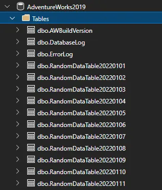 SSMS Object Explorer listing AdventureWorks2019 tables dbo.RandomDataTable20220101 to dbo.RandomDataTable20220111