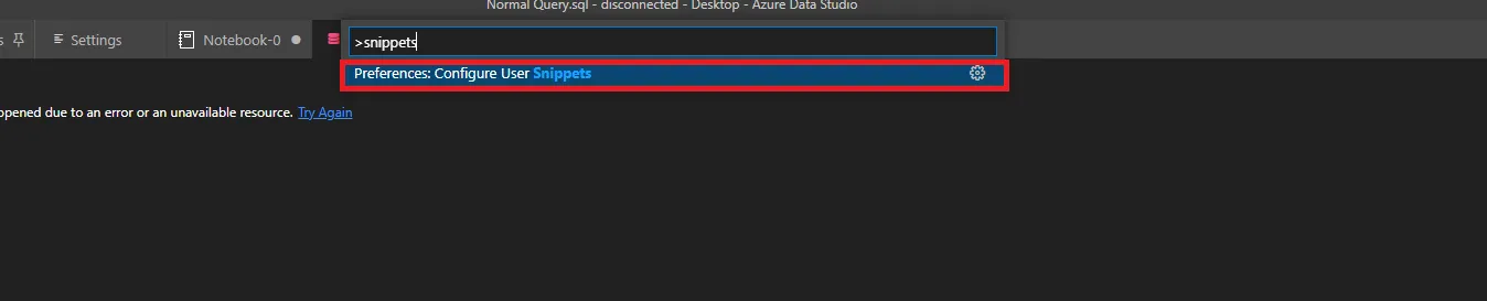 Command palette with “>snippets” typed and “Preferences: Configure User Snippets” highlighted